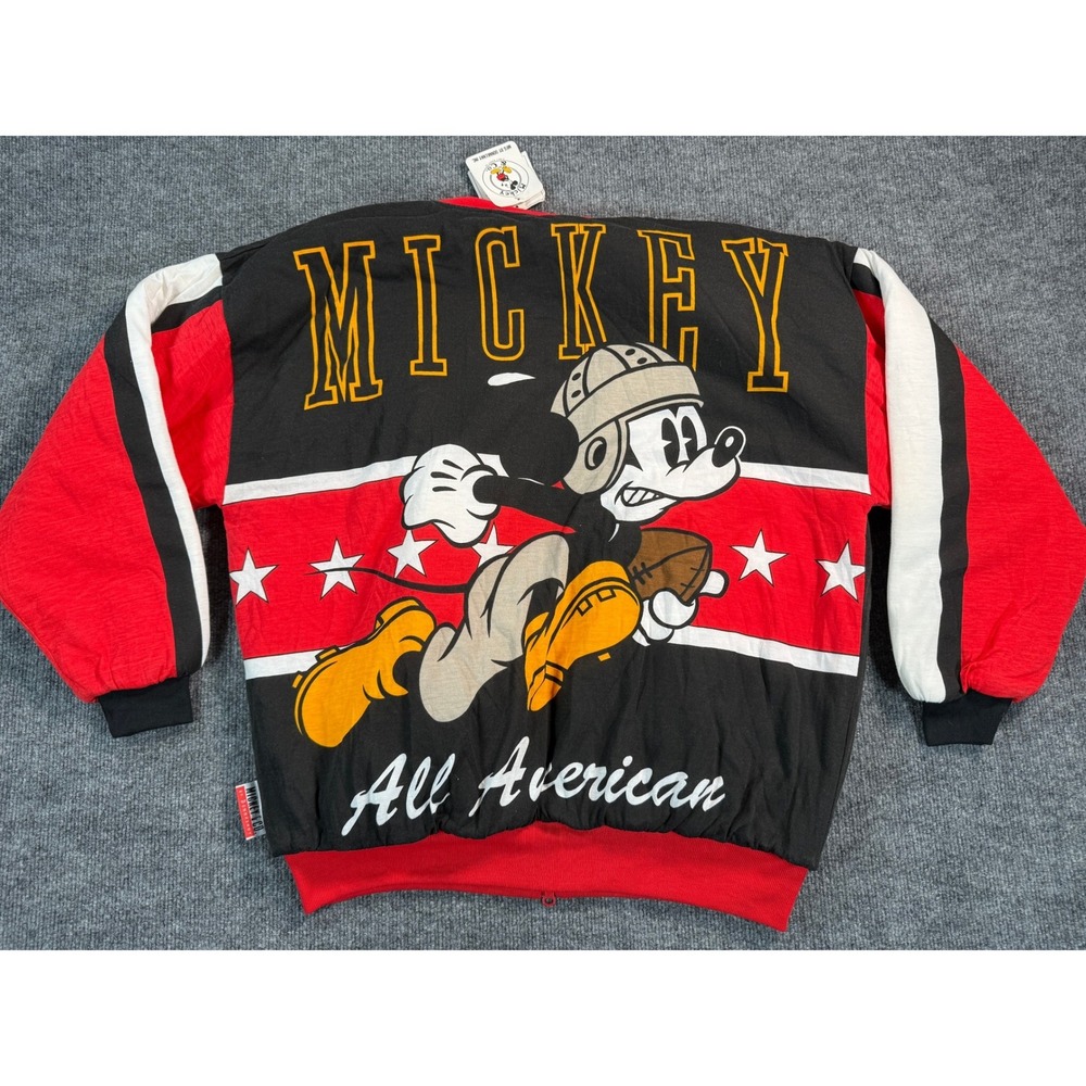 New Vintage Disney Mickey Mouse All American Bomber Jacket‎ Black Red Reversible